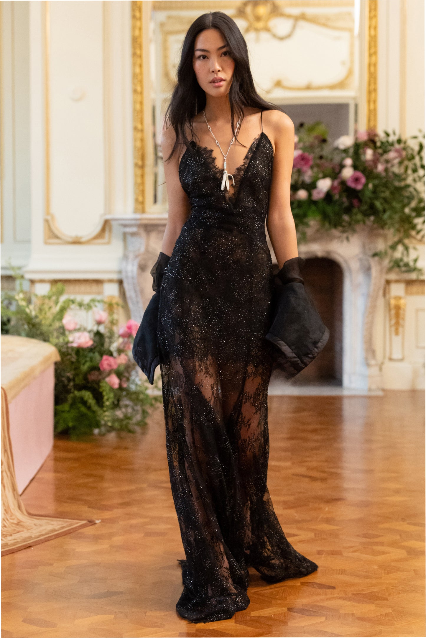 Sequin Lace Maxi Gown Plunge Neck | LoveShackFancy