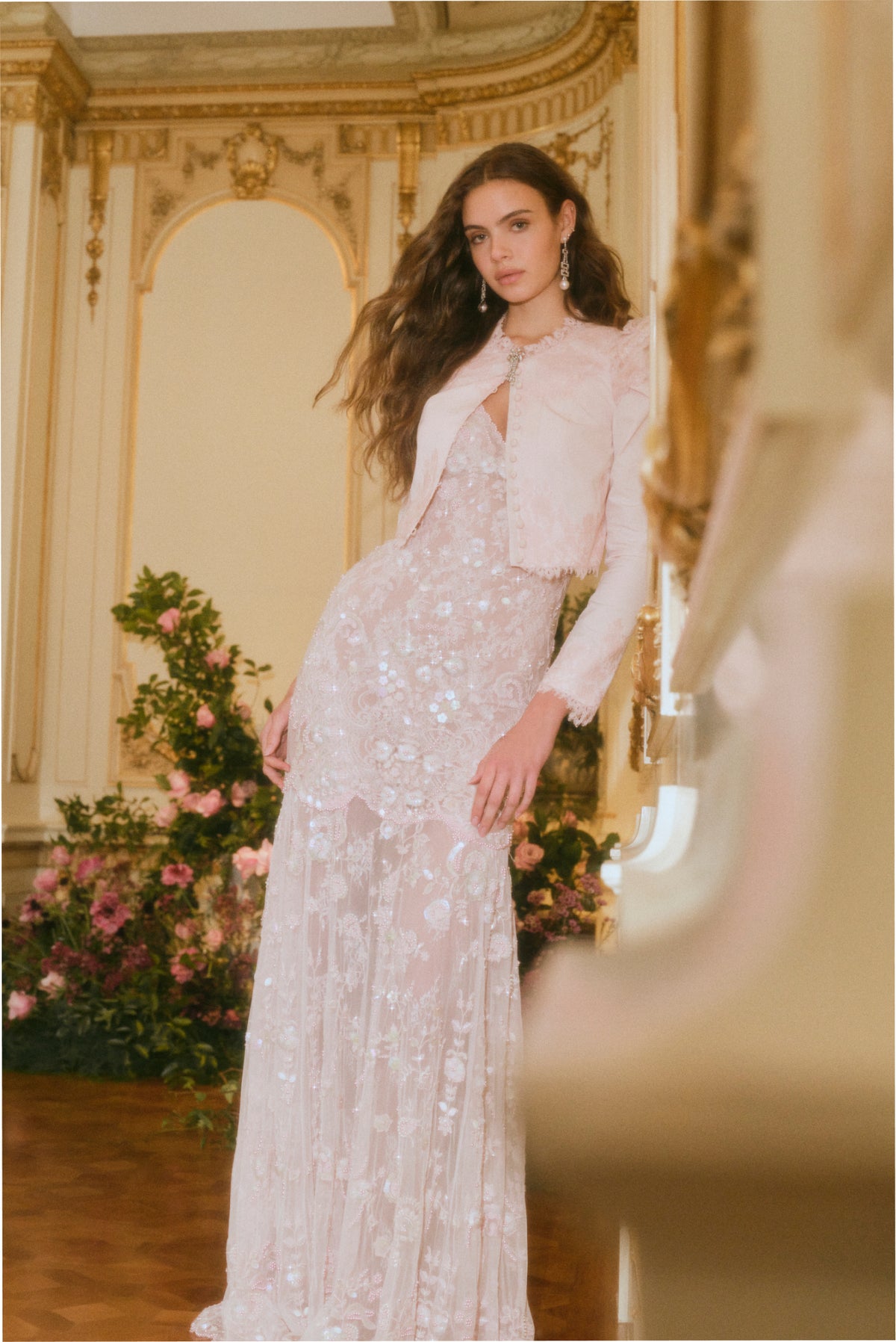 Blush pink sequin lace maxi dress with V-neck and tiered skirt
