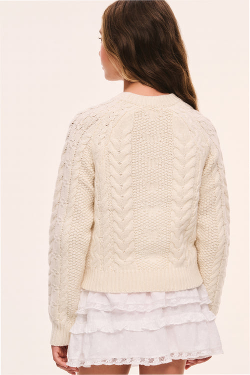 Girls cable-knit sweater with back cable pattern and crew neck, off-white
