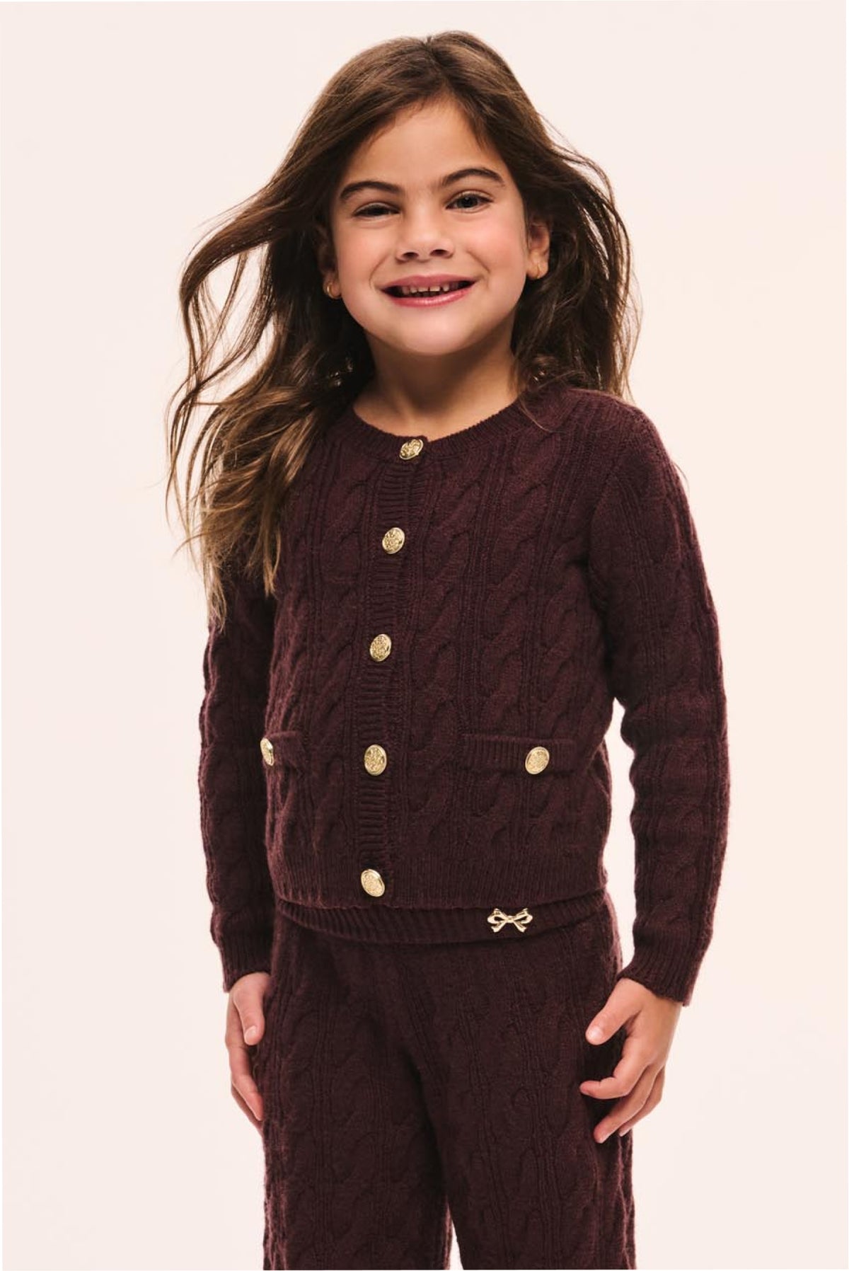 Girls maroon cable-knit cardigan with button front
