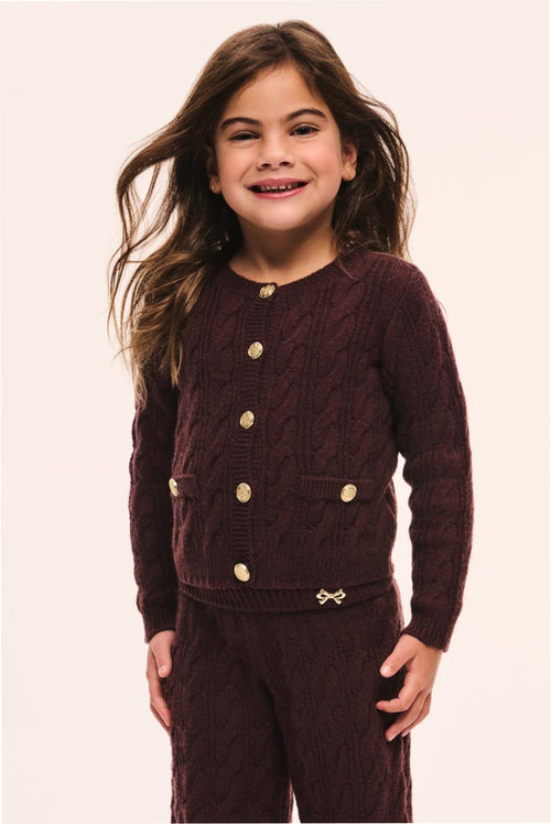 Girls maroon cable-knit cardigan with button front