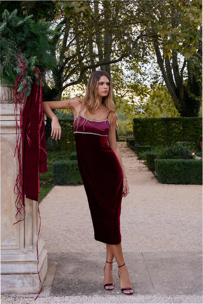 Audraline Embellished Velvet Midi Dress