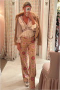 Floral embroidered wide-leg pants, light honey base with pink and burgundy blooms