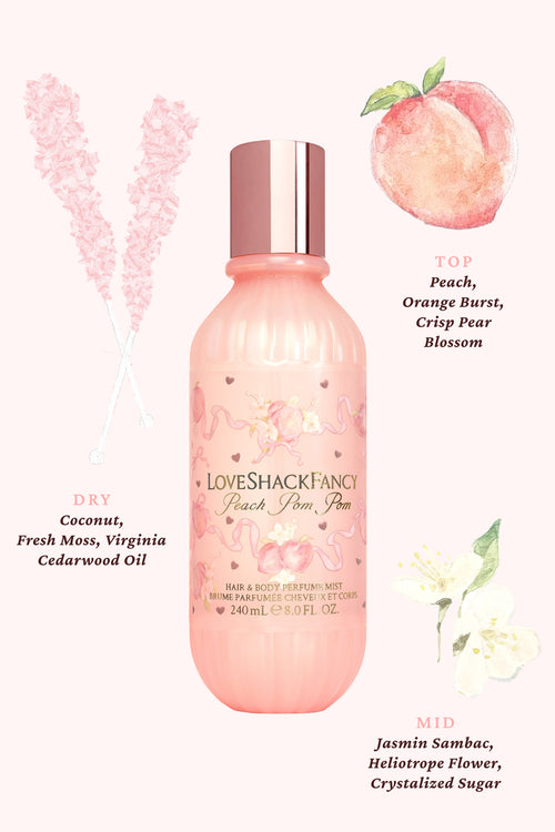 Pink bottle of LoveShackFancy product with floral and fruit illustrations on a white background
