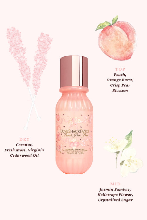 Pink bottle with peach illustration and fragrance description on a white background
