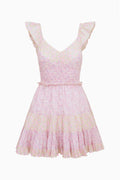 Pink cap sleeve mini dress dress with ruffled layers on a white background
