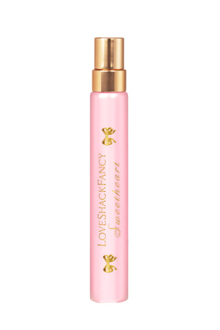 Sweetheart Eau de Parfum travel spray bottle, pink with gold cap and ribbon accents