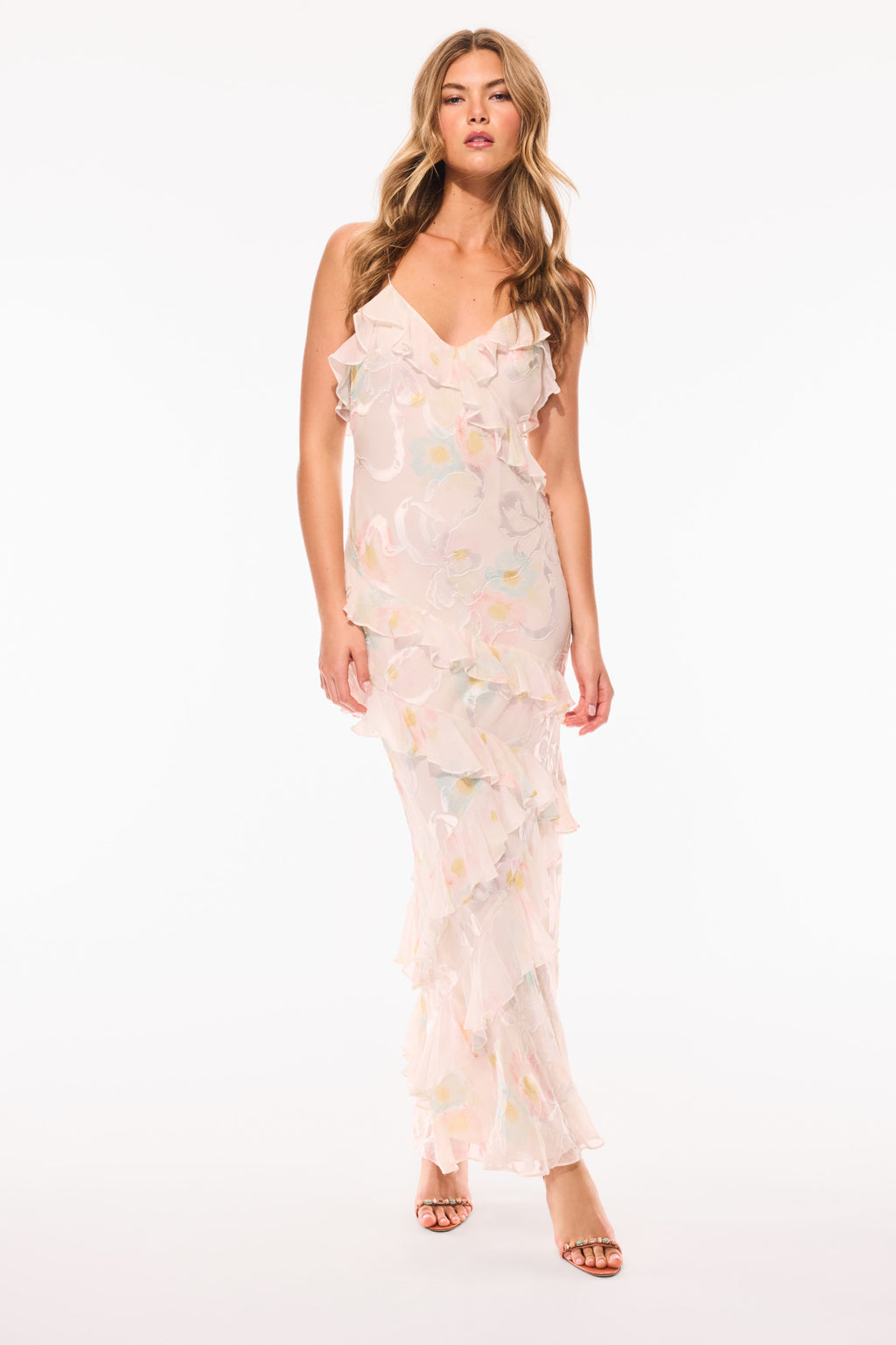 strapless open back dress Rialto Pastel Ruffle Maxi Dress