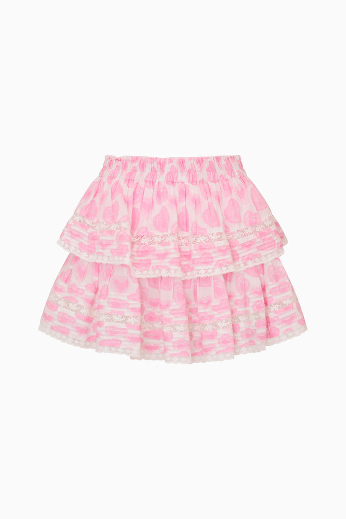 Pink tiered skirt with white pattern on a white background