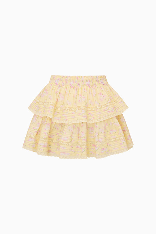 Yellow tiered skirt with floral pattern on a white background