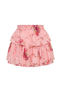 Pink floral tiered ruffle skirt with elastic waistband and double lined.