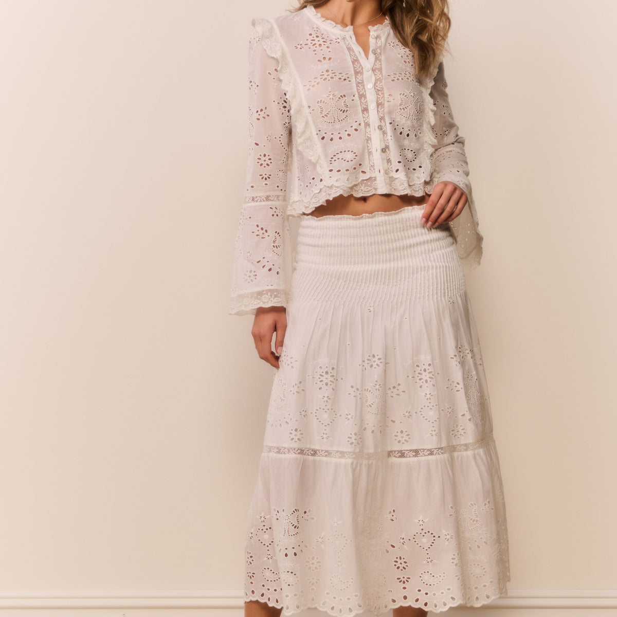 Cotton Eyelet Embroidery Tiered Midi Skirt | LoveShackFancy