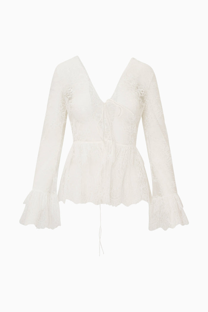 White blouse with ruffled sleeves on a white background