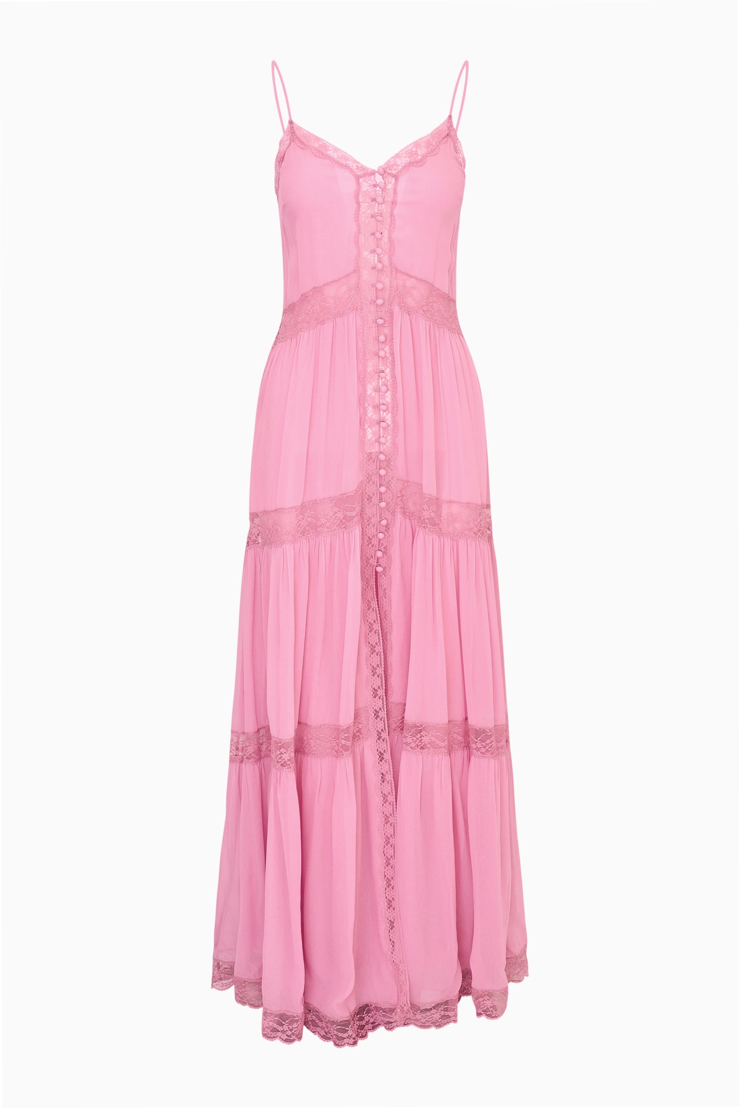 Sheer Lace Tiered V-Neck Maxi Slip Dress | LoveShackFancy