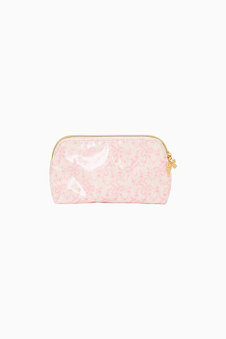 Pink pouch with gold zipper on a white background