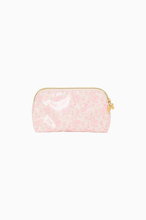 Pink pouch with gold zipper on a white background