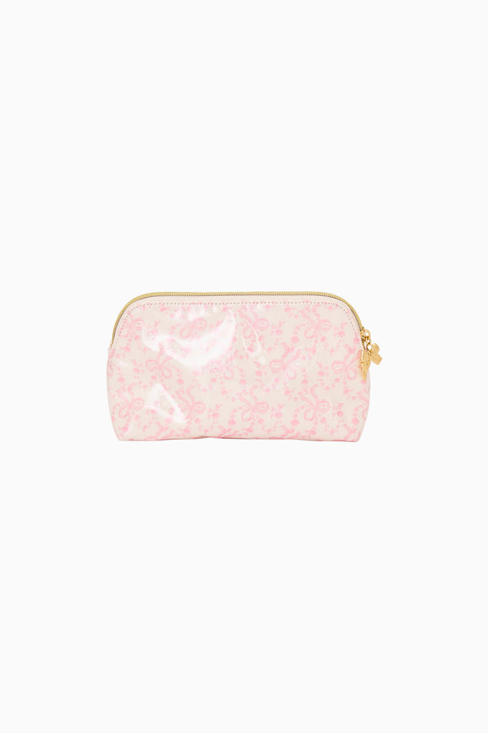 Pink pouch with gold zipper on a white background