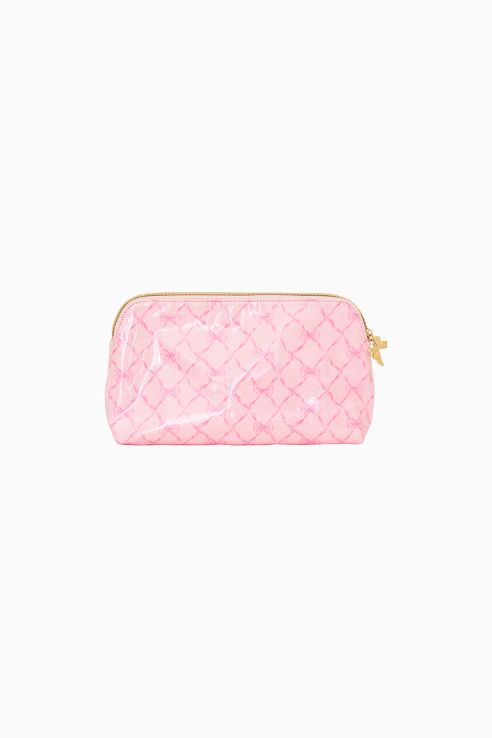 Pink bow print pouch on a white background
