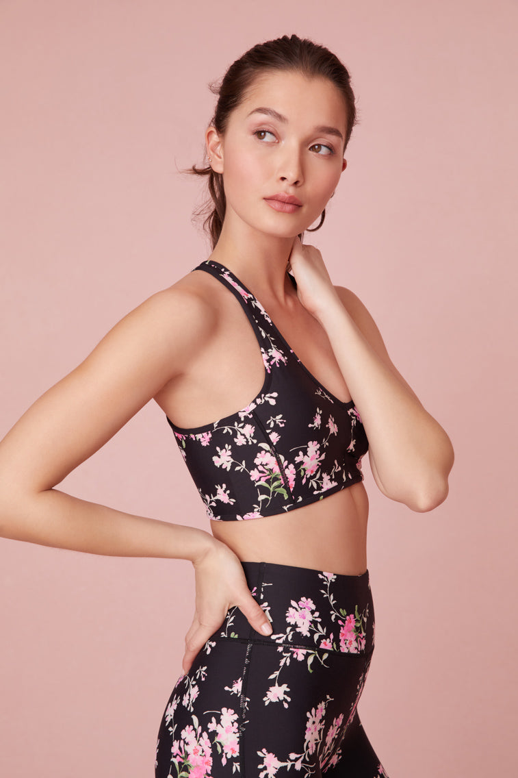 black with pink floral print Light Support - Sports Bra 