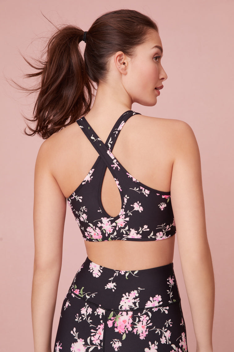 black with pink floral print Light Support - Sports Bra 