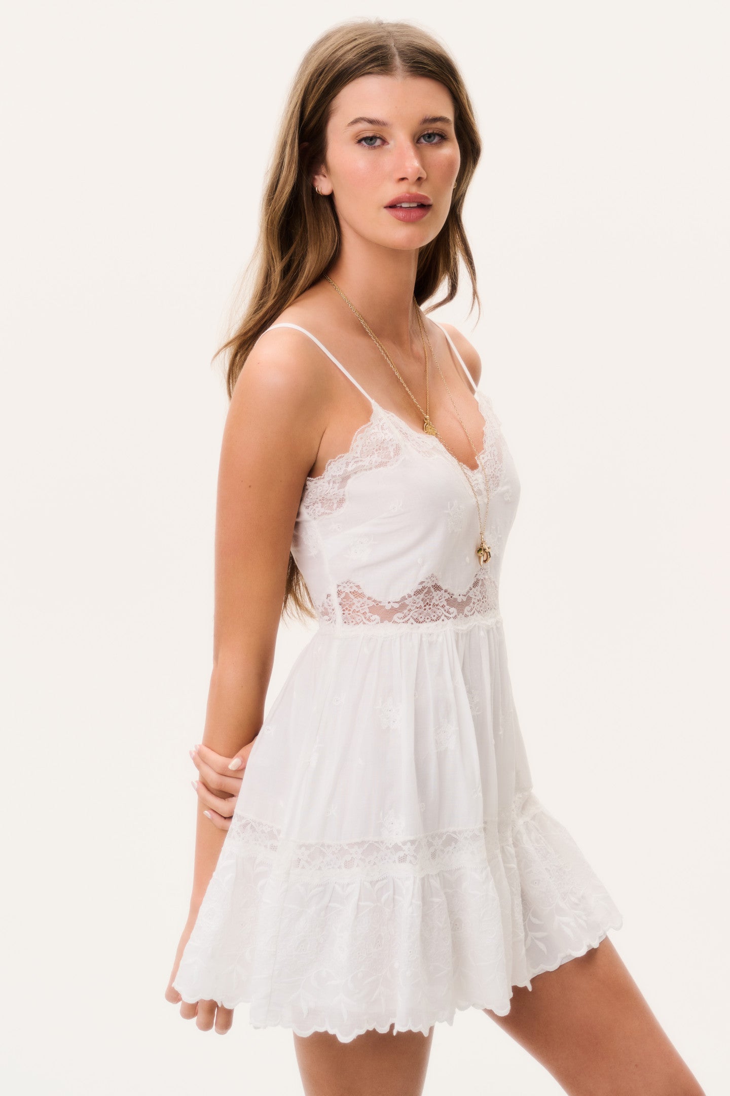 Sweetheart Neck Lace Embroidery Scallop Hem Mini Sundress