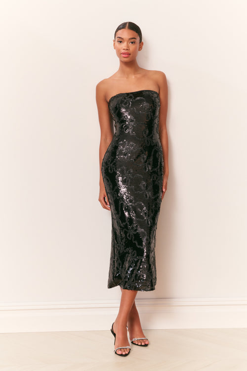 Stasia Sequin Winding Bow Midi Dress