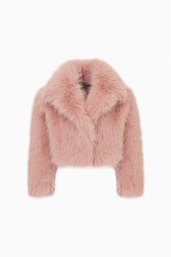 Pink faux fur tween jacket with collar and front opening