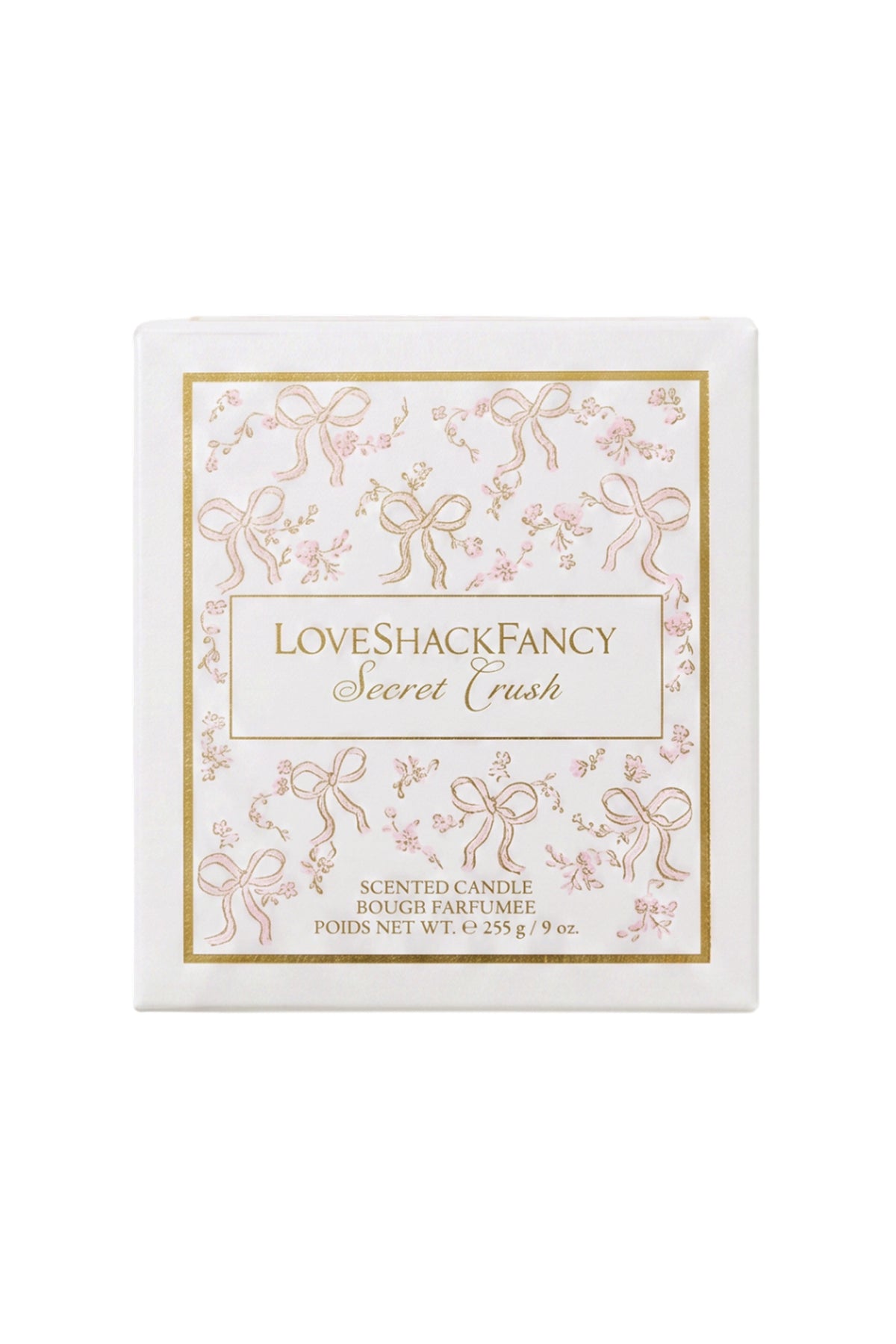 Blush scented candle with LoveShackFancy Secret Crush label on square lid