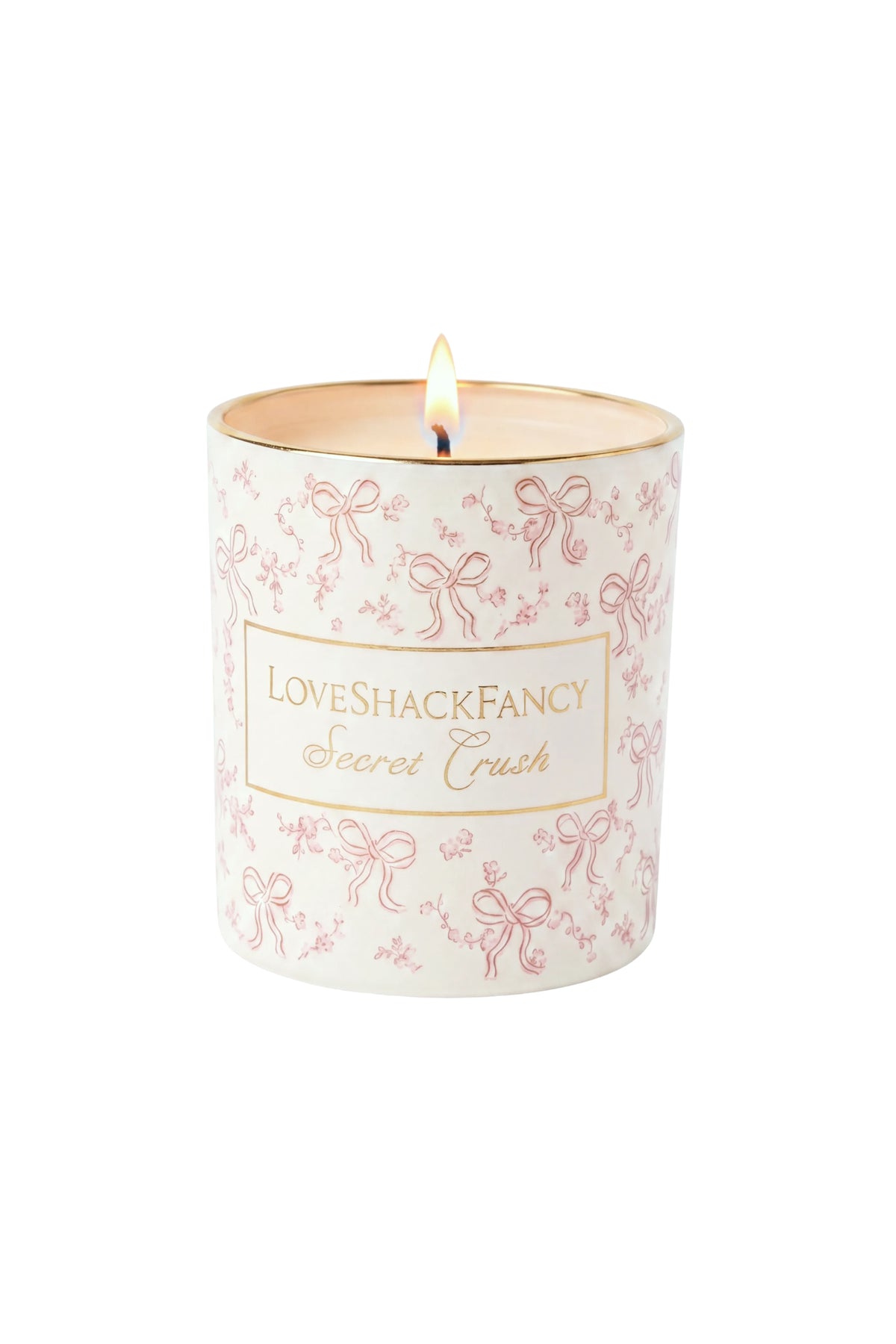 Blush scented candle with lit wick and LoveShackFancy Secret Crush printed wrap
