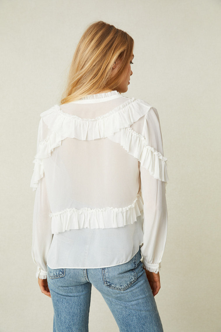 Back image of model wearing white long sleeve button up blouse with ruffle detail on back