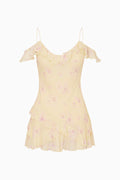 Yellow ruffle off the shoulder mini dress with floral patterns on a white background
