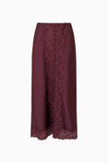 Deep plum satin midi skirt with center lace panel and button closures down the front