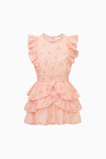 Pink ruffle mini sleeveless dress against white background
