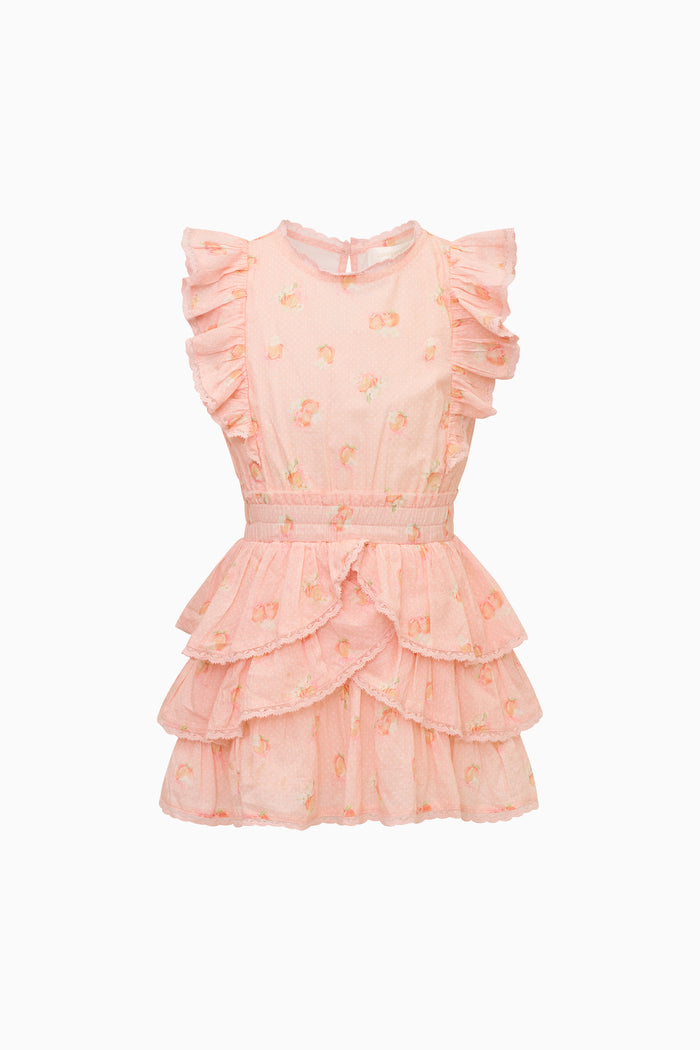 Pink ruffle mini sleeveless dress against white background