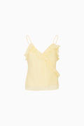 Yellow satin ruffle camisole on a white background