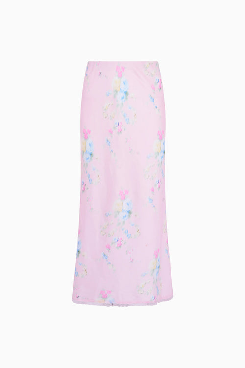 Pink floral patterned skirt on a white background