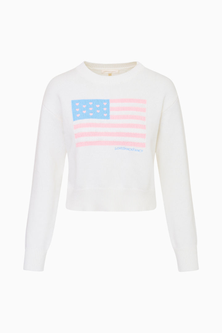 White long-sleeve shirt with American flag design on a white background