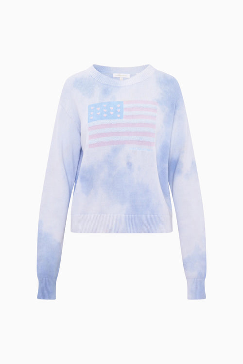 Light blue tie-dye long-sleeve sweater with American flag design on a white background