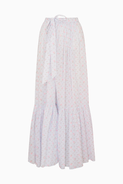 Blue maxi skirt with a subtle pattern on a white background
