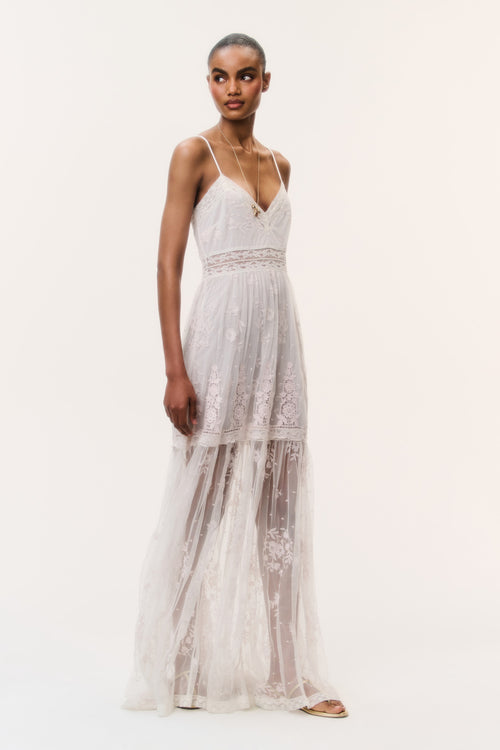 loveshackfancy long white dress Floral Embroidery Cotton Three Quarter Sleeve Maxi Dress