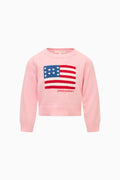 Pink sweater with American flag design on a white background