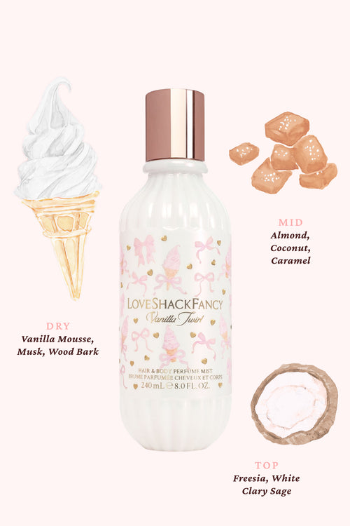 Love Shack Fancy vanilla mousse bottle with ice cream cone, coconut pieces, and flavor notes on a white background