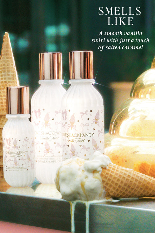 Perfume bottles with ice cream cones and text describing fragrance.