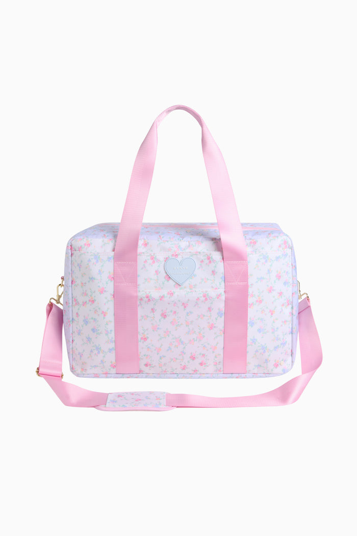 Pink and white duffel bag with heart design on a white background - Customized