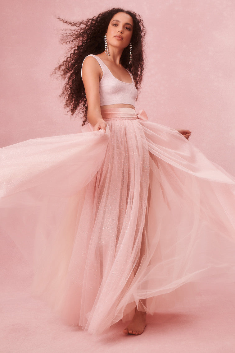 Pink soft tulle maxi skirt.