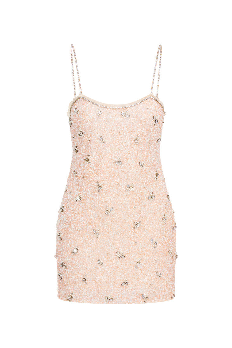 Mini dress with tiny, intricate beads that make up larger rhinestone-studded flowers. Features rhinestone spaghetti straps and a rhinestone-lined neckline. The dress has a slim, figure-hugging silhouette.