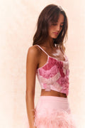 Pink bow bustier top with ruffled patchwork panel and thin spaghetti straps