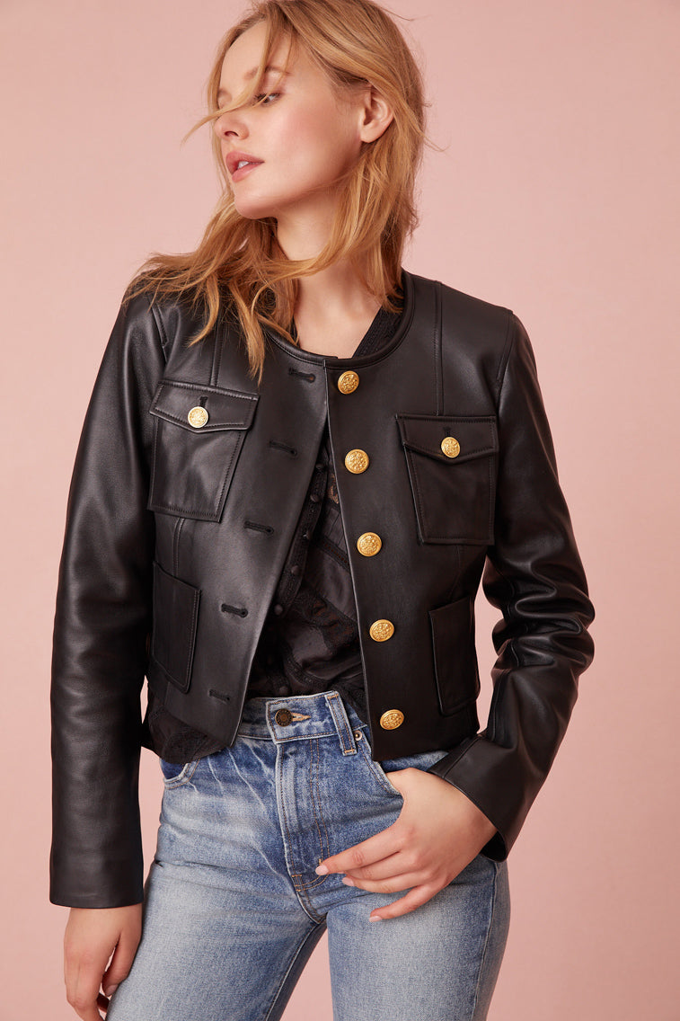 Slim Leather Jacket with functional pockets at the chest, and gold buttons down center front.
