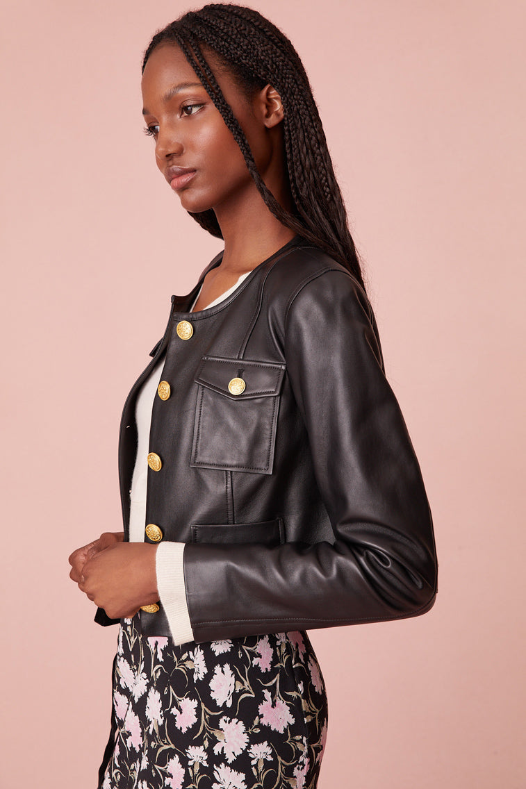 Slim Leather Jacket with functional pockets at the chest, and gold buttons down center front.
