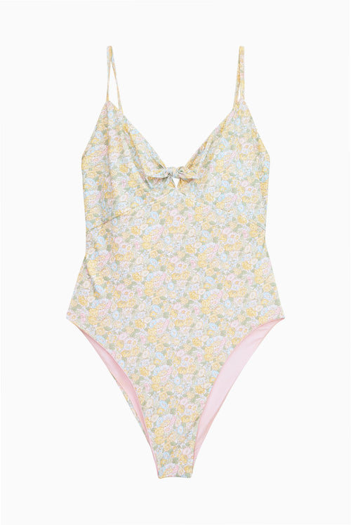 Floral-patterned one-piece swimsuit on a white background